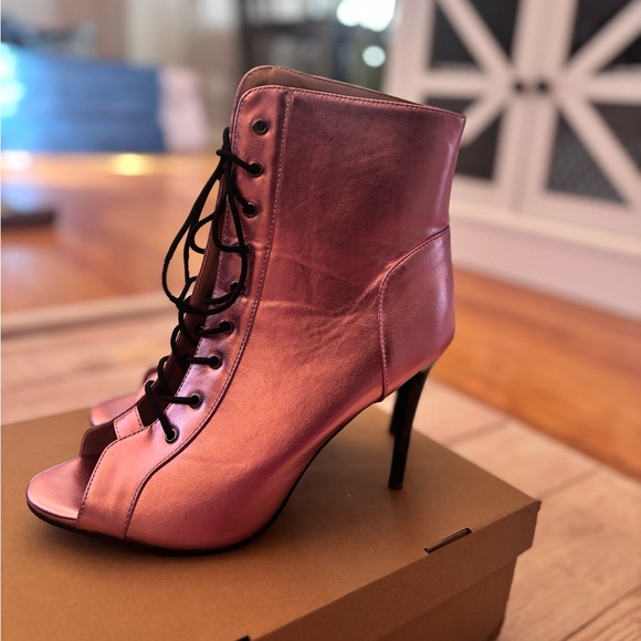 Pink Lace-Up Peep Toe Heeled Boots - Picture 3 of 6